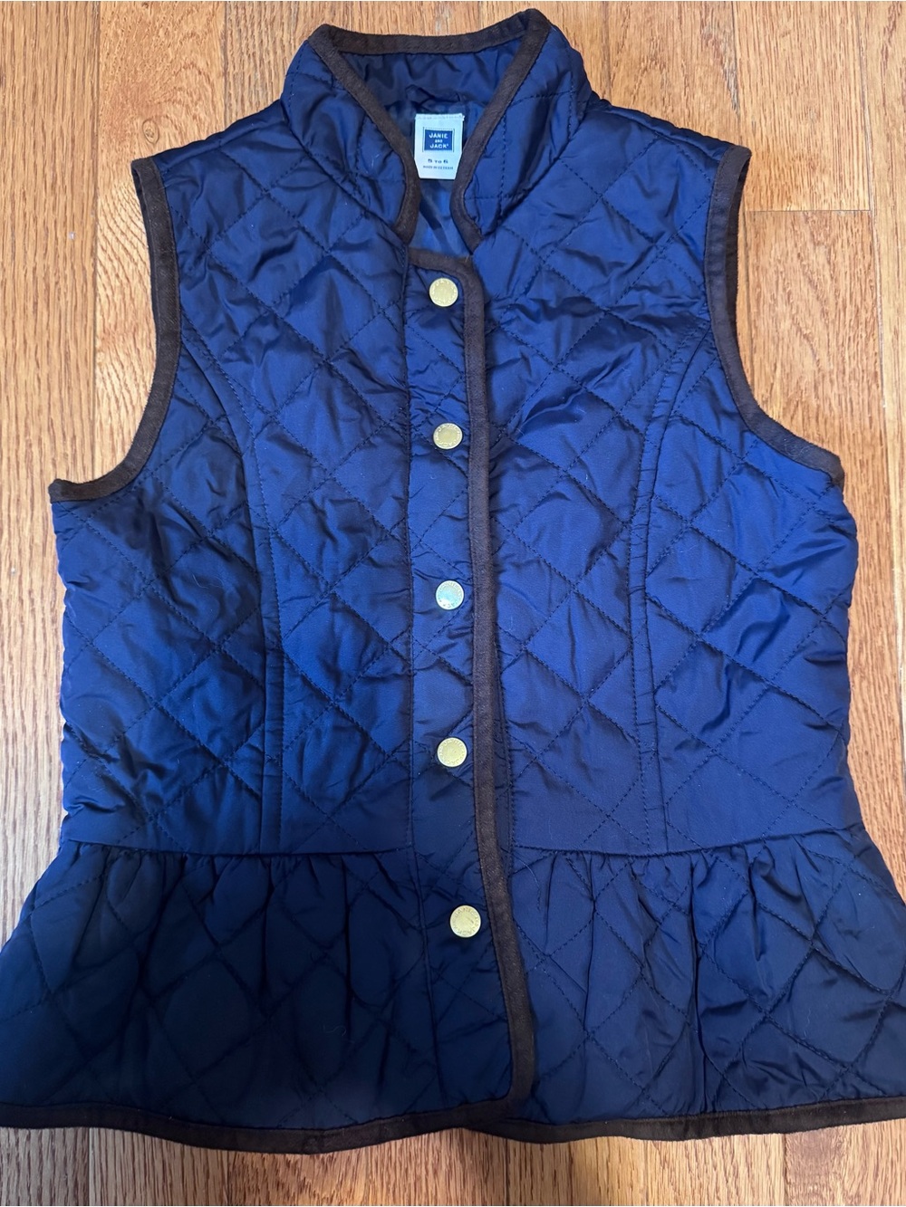Janie and Jack Navy Quilted Peplum Vest with Brown Trim